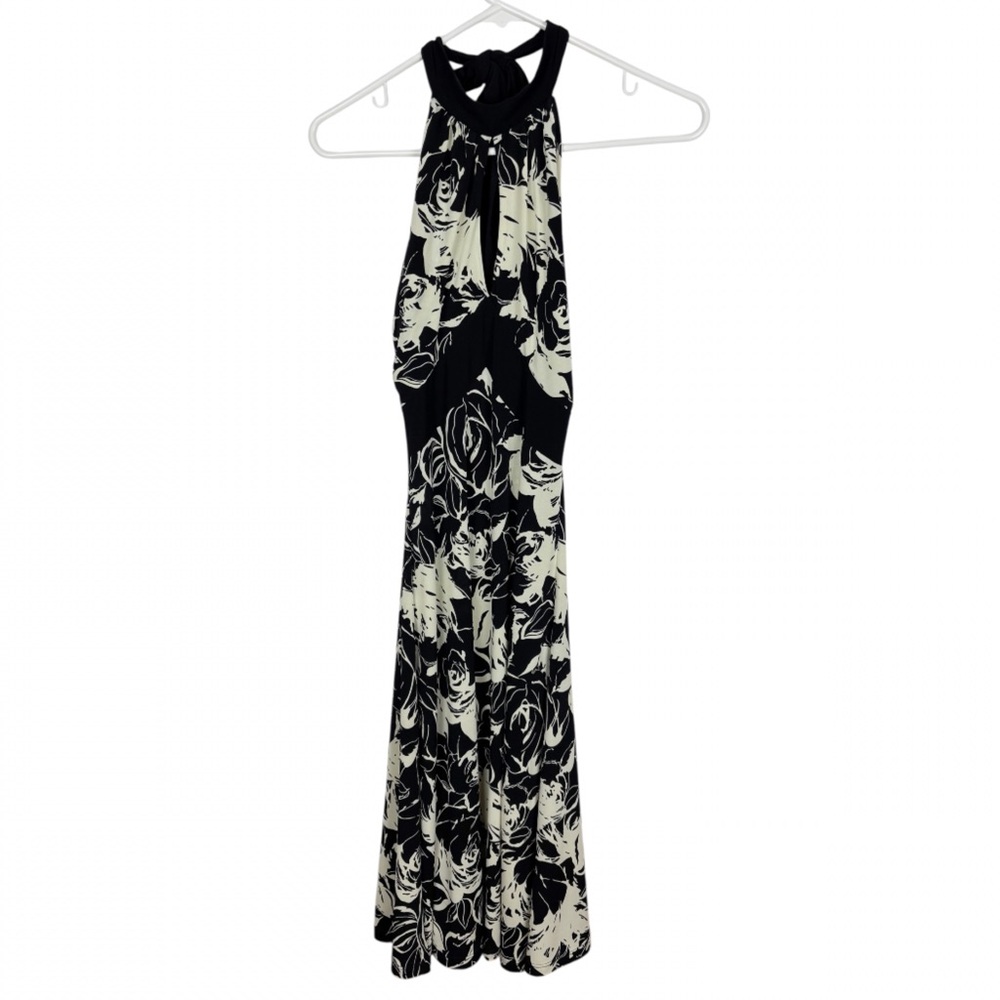 Y2K Eyelash Halter Dress size Small Midi Black Off White Floral Keyhole Front